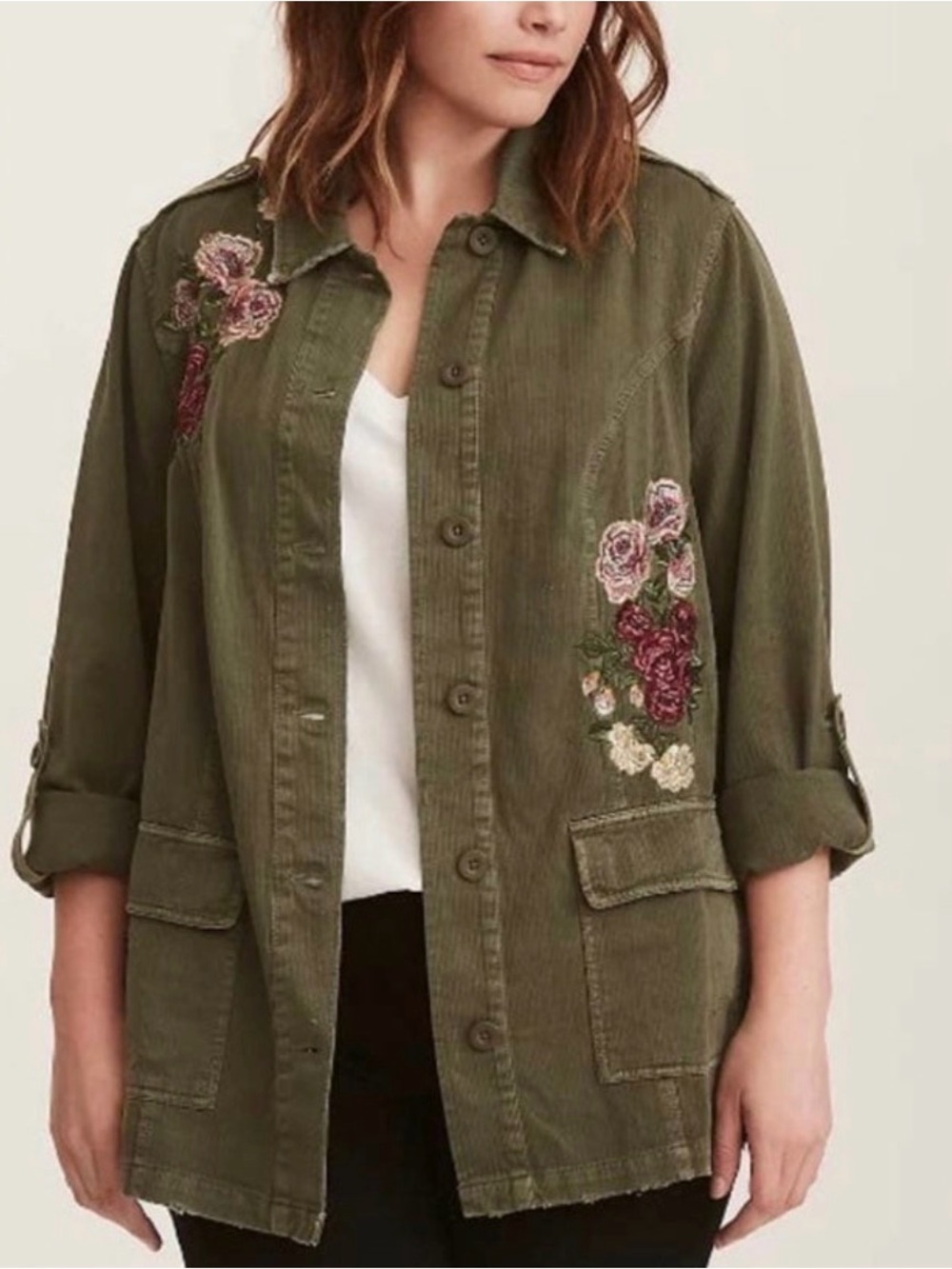 Torrid Olive Green Floral Embroidered Jacket